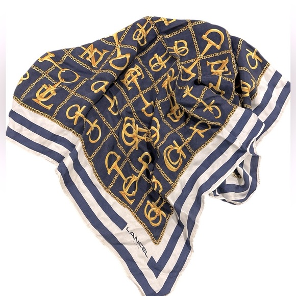 Lancel Paris Vintage 100% Silk Gold Chain Royal Blue Scarf One Size